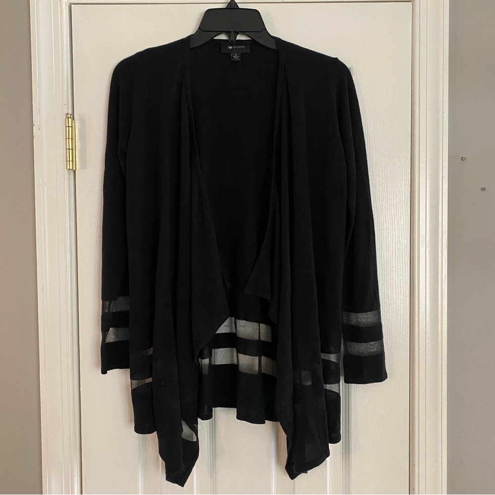 AB Studio Black Waterfall Draped Cardigan Mesh Hem Detail Small Sweater